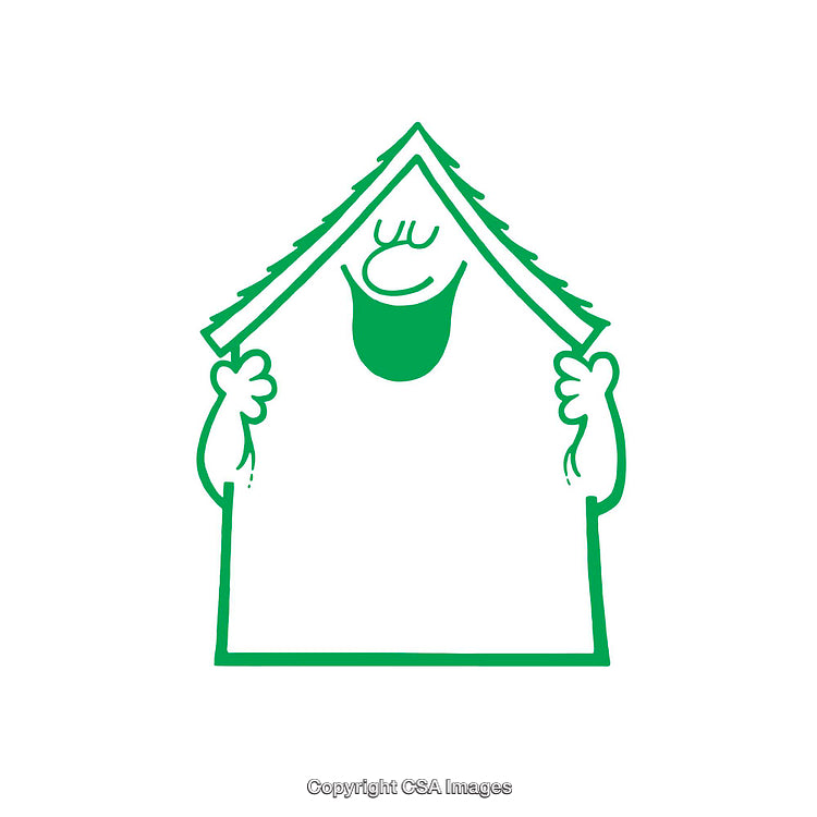 Cartoon House Character with Cheerful Face and Green Line Style Sketch