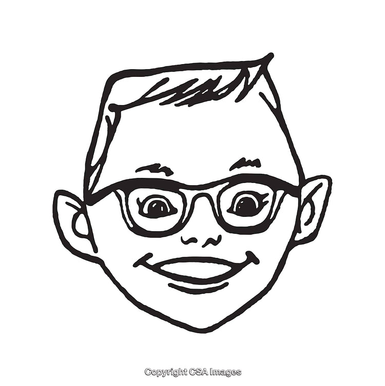 Black And White Line Art Illustration Of A Smiling Boy With Glasses