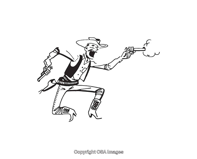 Western Cowboy Illustration Shooting Black and White Line Art Drawing
