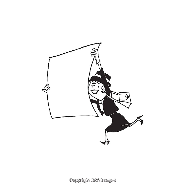 Energetic Businesswoman Holding a Large Banner in Stylish Illustration