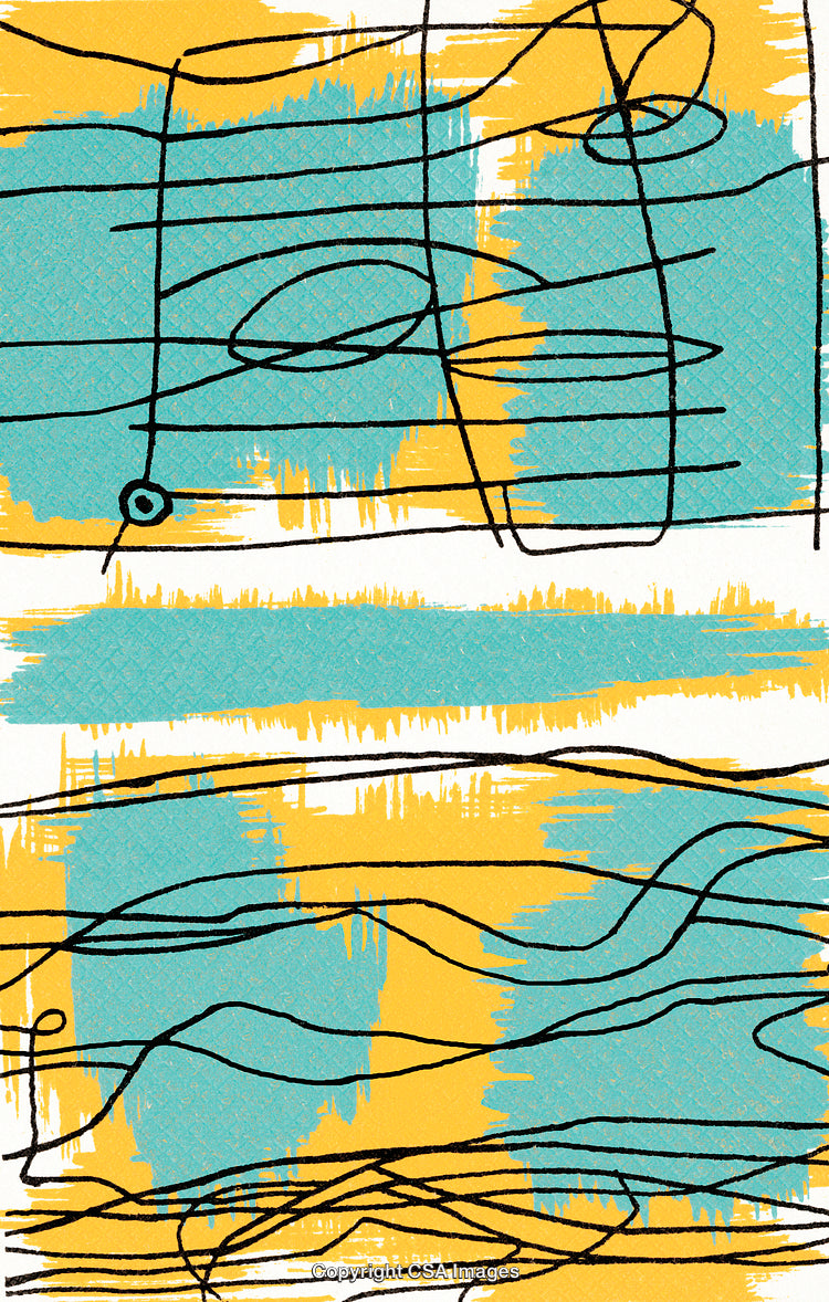 Abstract Illustration with Teal and Yellow Design Featuring Hand-Drawn Black Lines