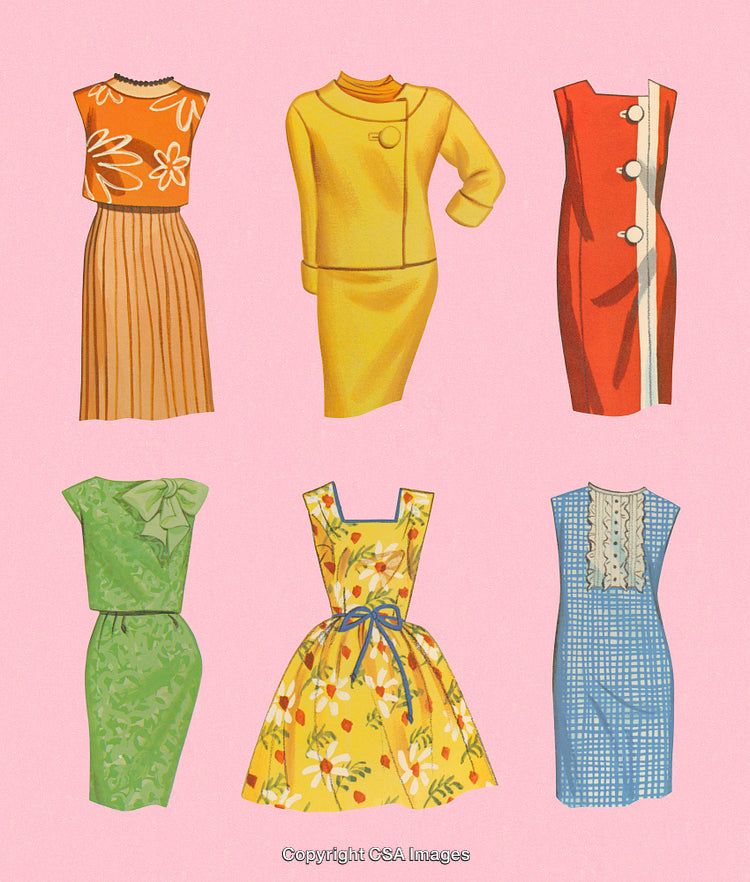 Vintage Illustration of Diverse Fashionable Dresses on Pink Background