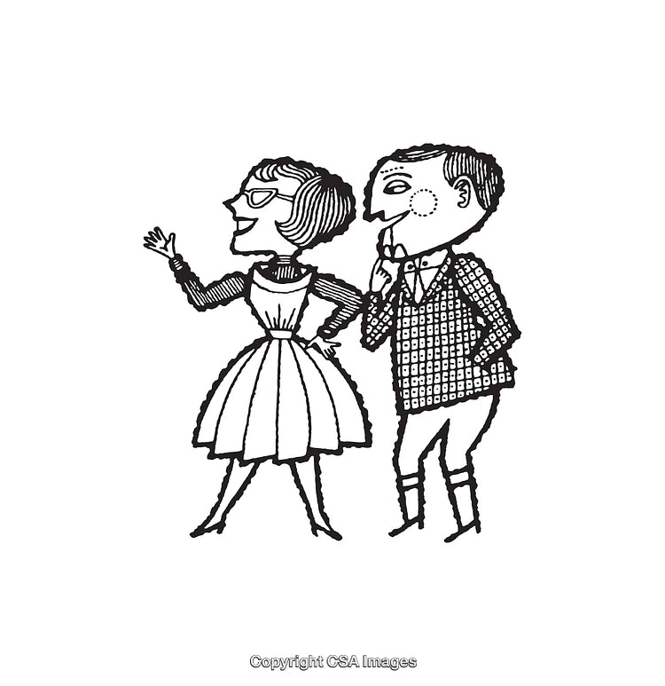 Vintage Black and White Line Art of a Man and Woman in Conversation