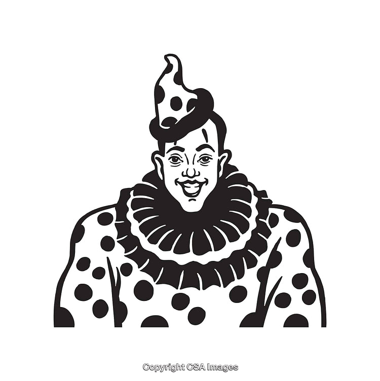 Black and White Illustration of a Clown in Polka Dot Costume