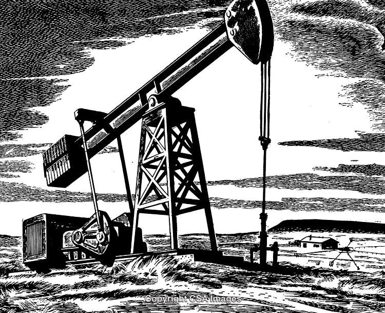 Monochrome Engraving of Oil Pumpjack in Rural Landscape Setting