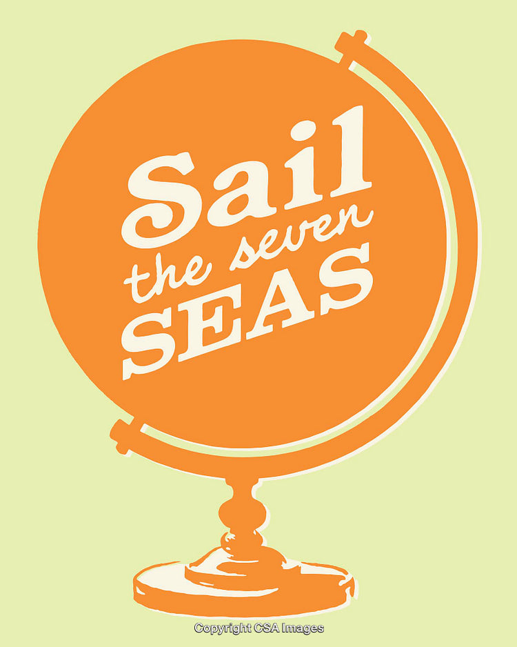 Retro Style Globe Illustration Featuring 'Sail the Seven Seas' Text