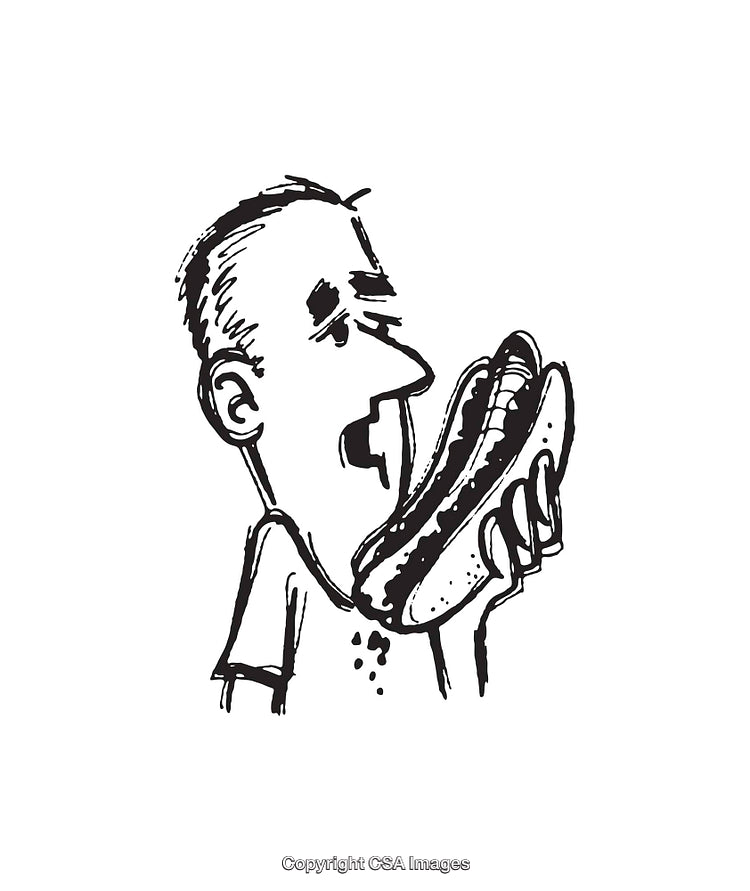 Black and White Line Art of a Person Eating Hotdog Enthusiastically