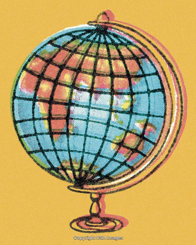 Colorful Globe Illustration on Retro Yellow Background in Stylized Artwork