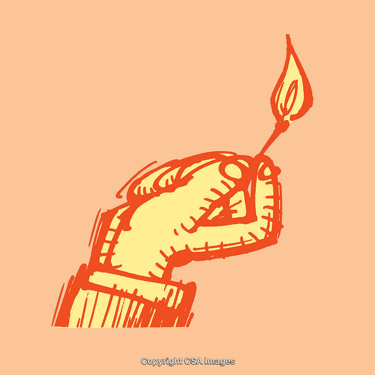 Hand Holding a Burning Match in Sketch-Style Illustration
