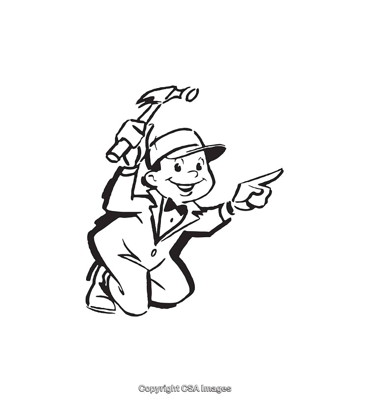 Black and White Line Art of a Worker Holding a Hammer