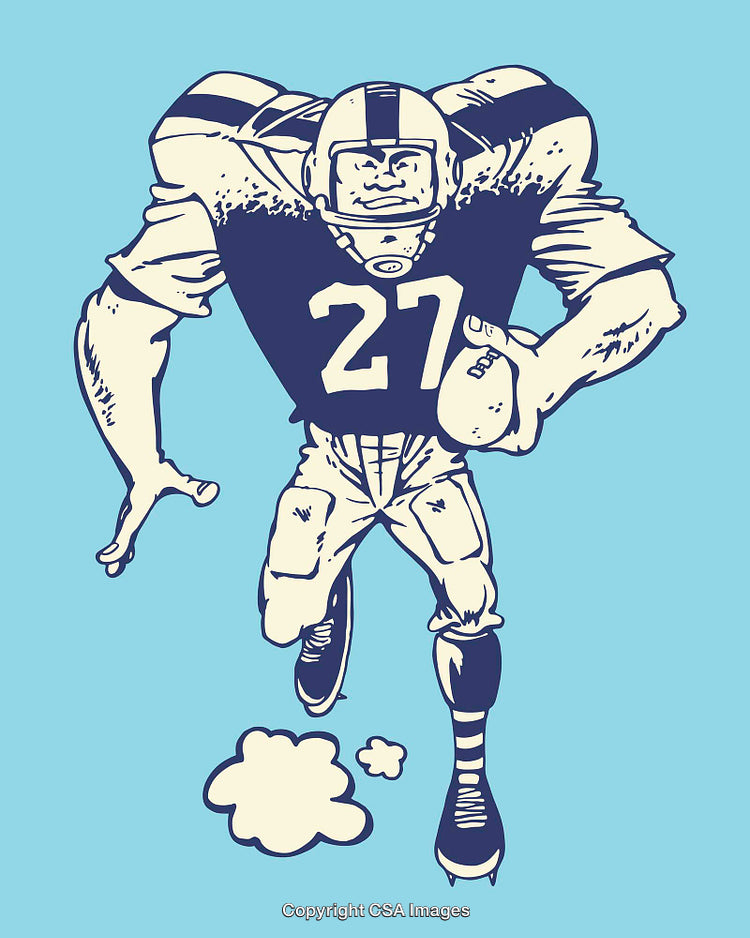 Vintage Illustration of an American Football Player in Action on Blue Background