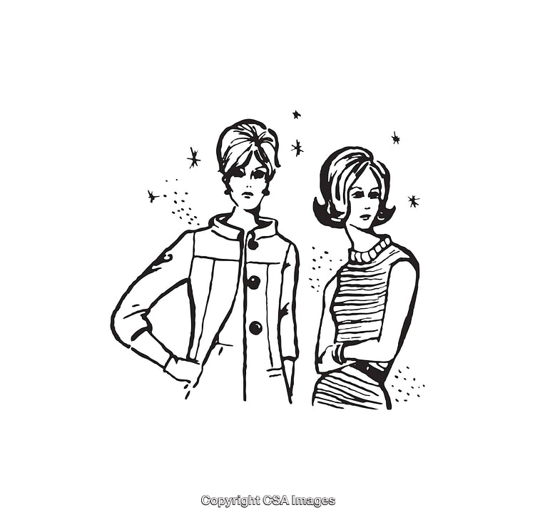 Vintage Black and White Line Art of Two Fashionable Women