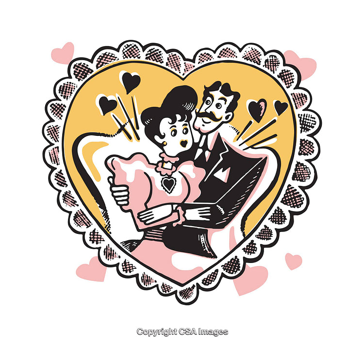 Illustration of Romantic Couple in Heart-Shaped Frame with Decorative Background