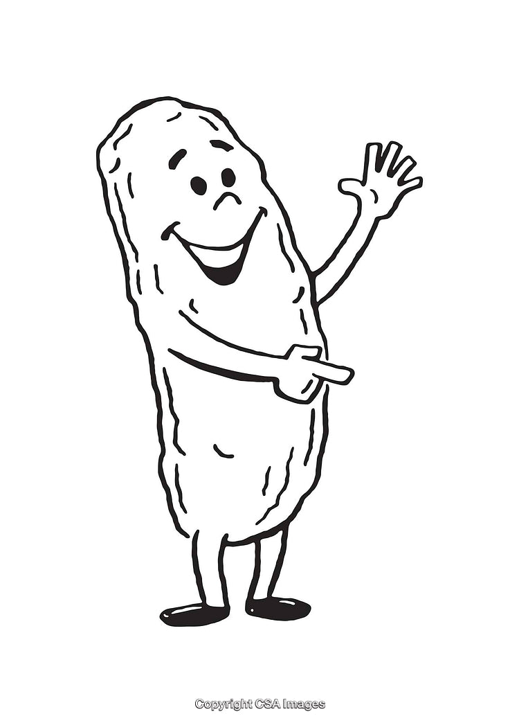 Cartoon Pickle Character Smiling and Waving in Black and White Line Art