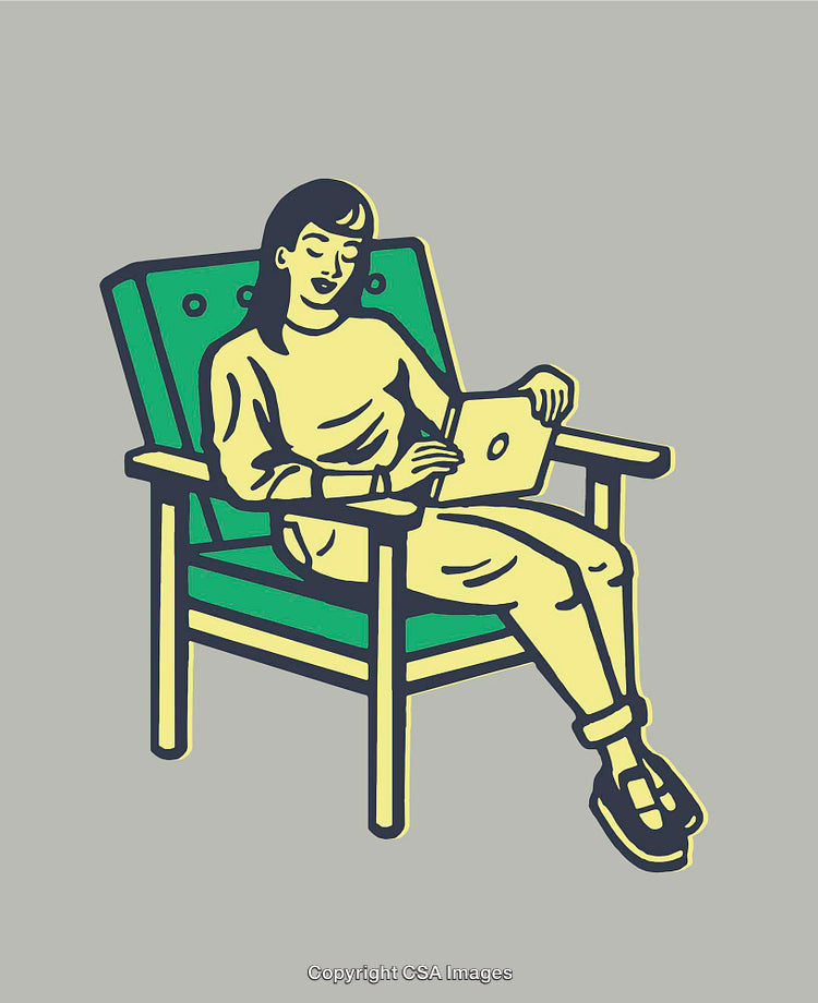 Woman Relaxing in Chair Using Laptop in Color Line Art Illustration
