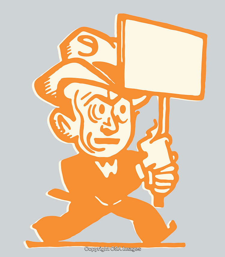 Retro Style Orange-Toned Illustration of a Character with a Blank Sign