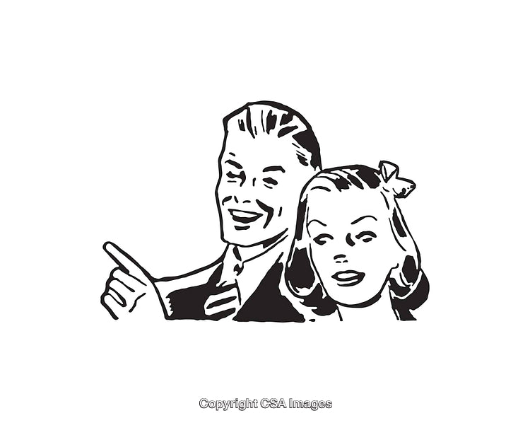 Retro Black and White Line Art Illustration of a Smiling Couple