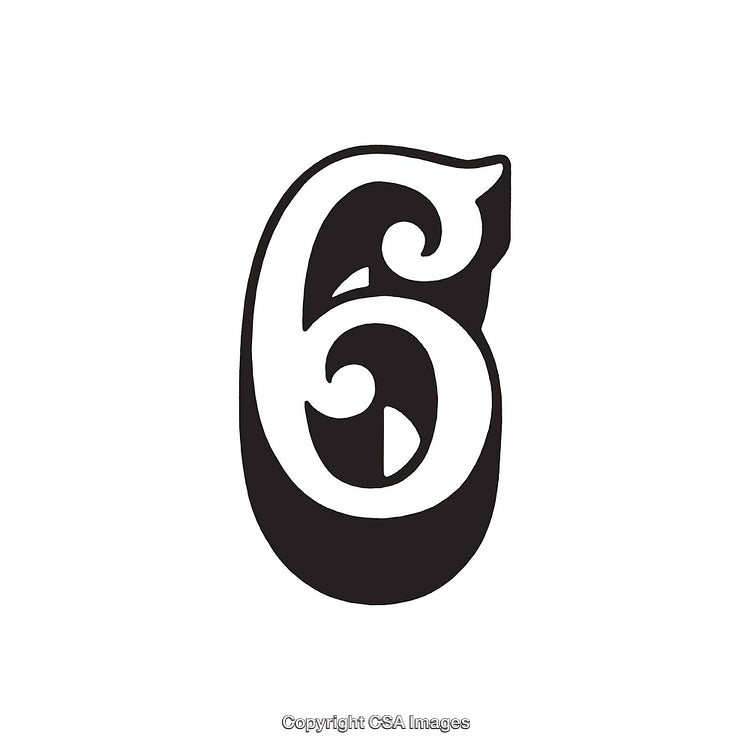 Ornate Black Stylized Number Six Design on White Background