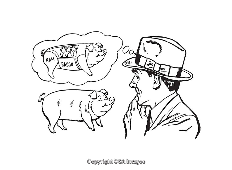 Black and White Line Art of a Pig and a Man Thinking