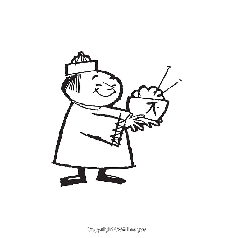 Black And White Line Drawing of Person Holding a Bowl With Chopsticks