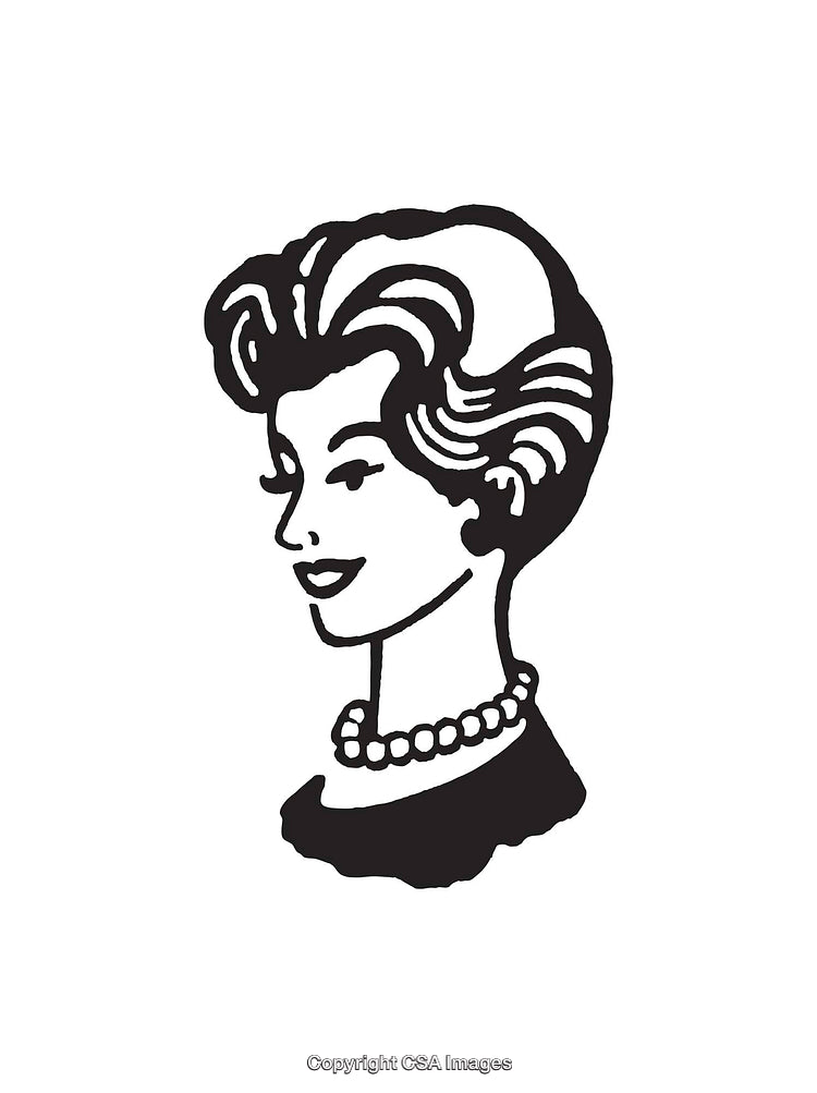 Black and White Line Art of Retro Woman with Elegant Appearance