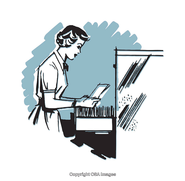Retro Illustration of a Woman Filing Documents in an Office Space