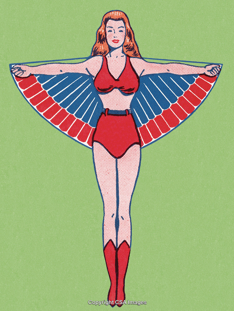 Retro Illustrated Female Character in Colorful Superhero Costume on Green Background