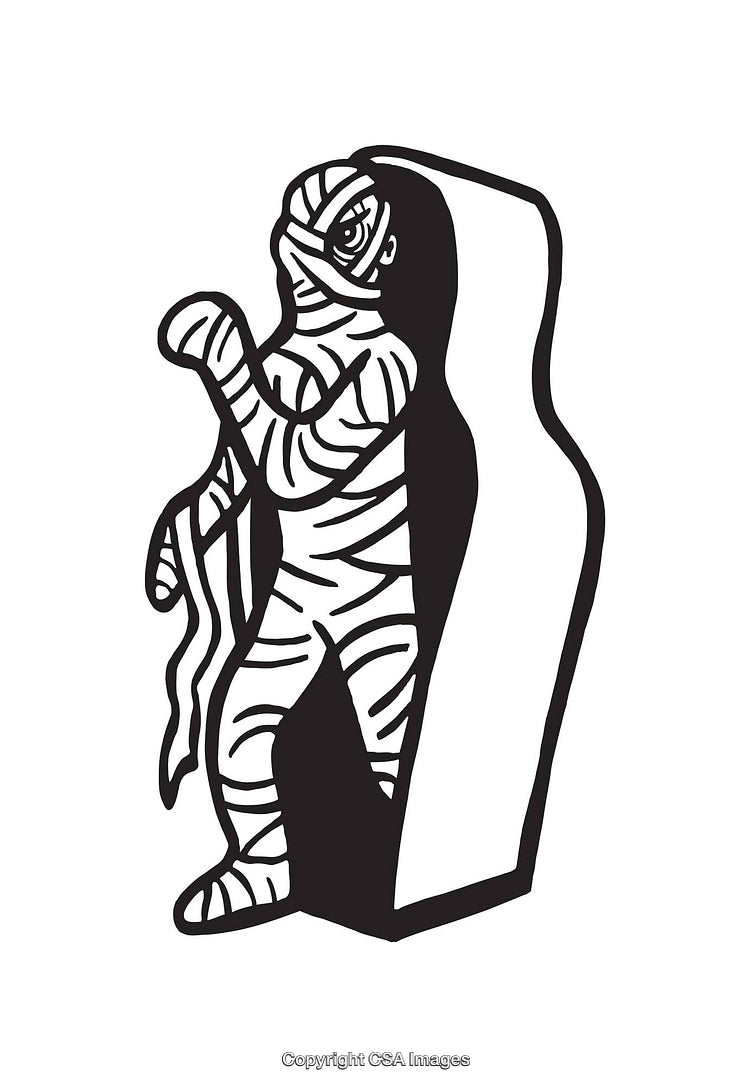 Black and White Line Art of a Mummy Emerging from a Tomb