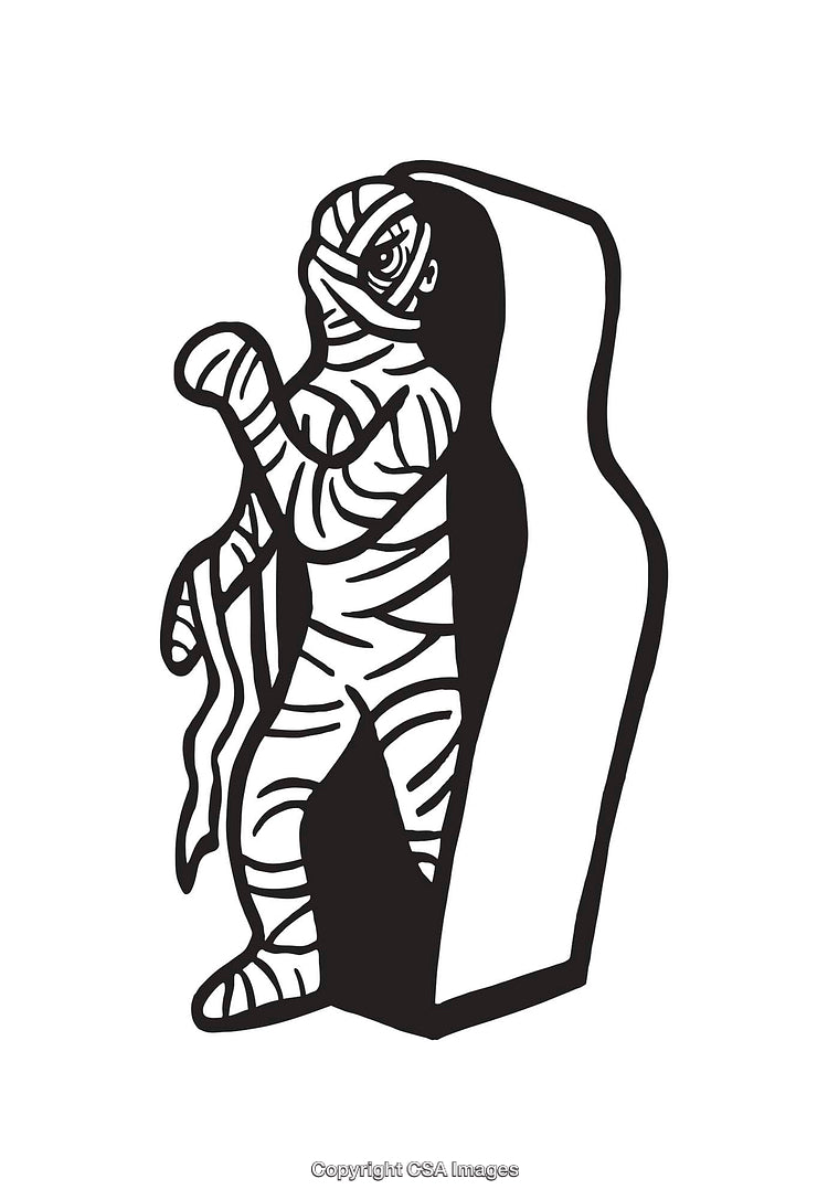 Black and White Line Art of a Mummy Emerging from a Tomb