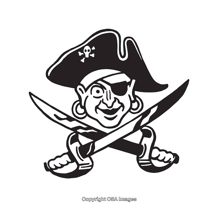Black and White Pirate Illustration with Swords and Skull Hat