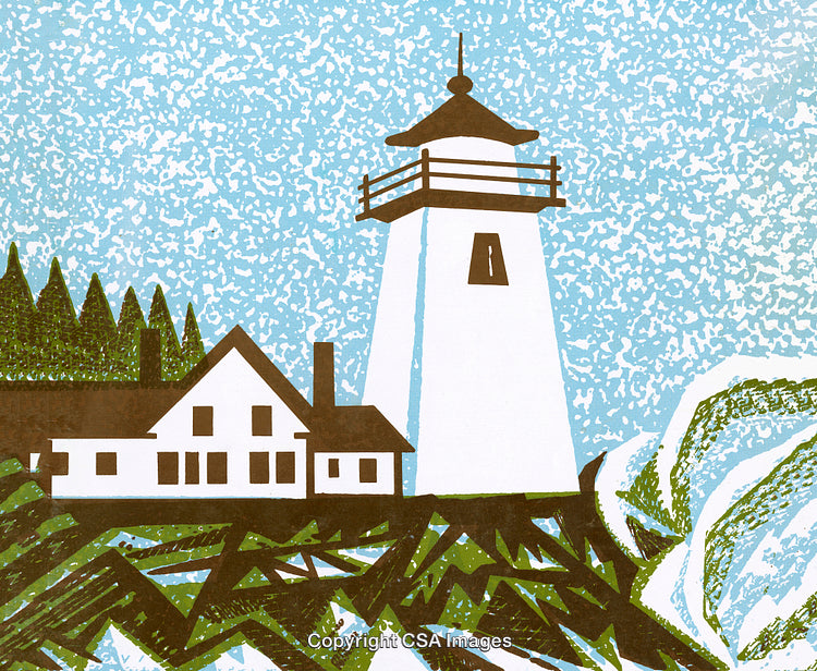 Coastal Lighthouse and Cottage Under Blue Sky in Serene Landscape