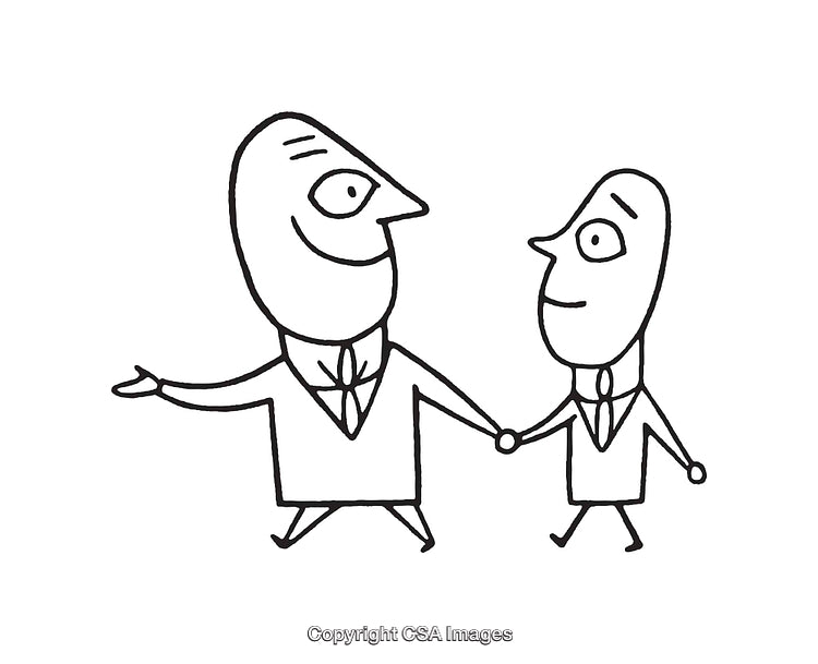 Playful Black and White Line Art of Two Characters Holding Hands