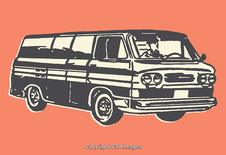 Vintage Style Drawing of a Classic Van on an Orange Background