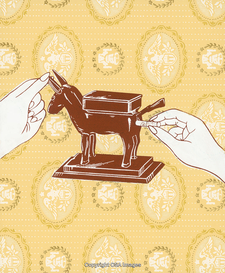 Vintage Illustration of Mechanical Bank with Hands and Ornate Background