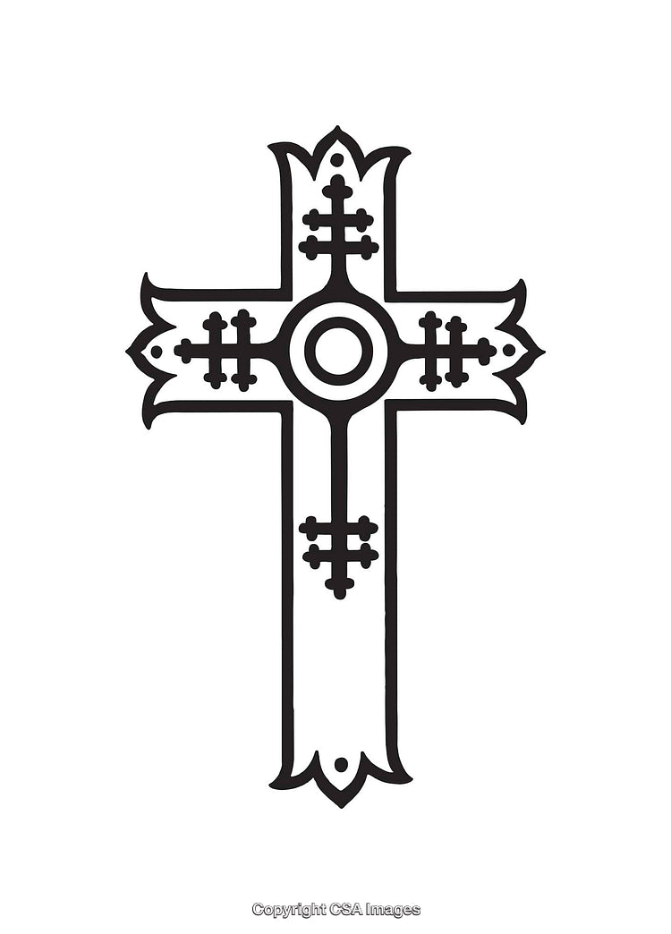 Intricately Designed Black and White Religious Cross Line Art Illustration