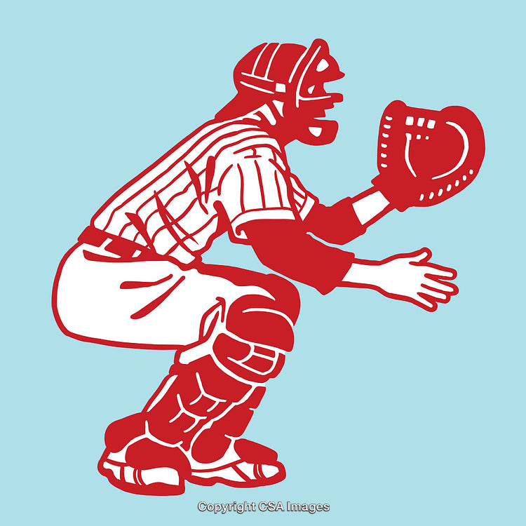 Illustration of a Baseball Player in Catcher's Gear Ready to Catch