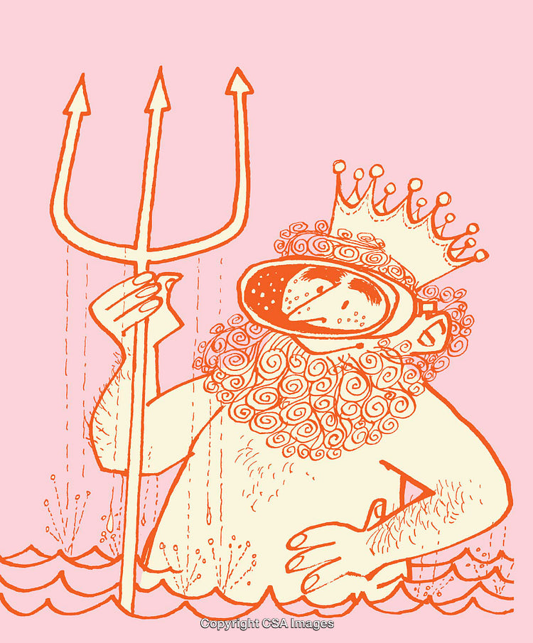 Whimsical Illustration of a Sea King Holding a Trident with a Crown