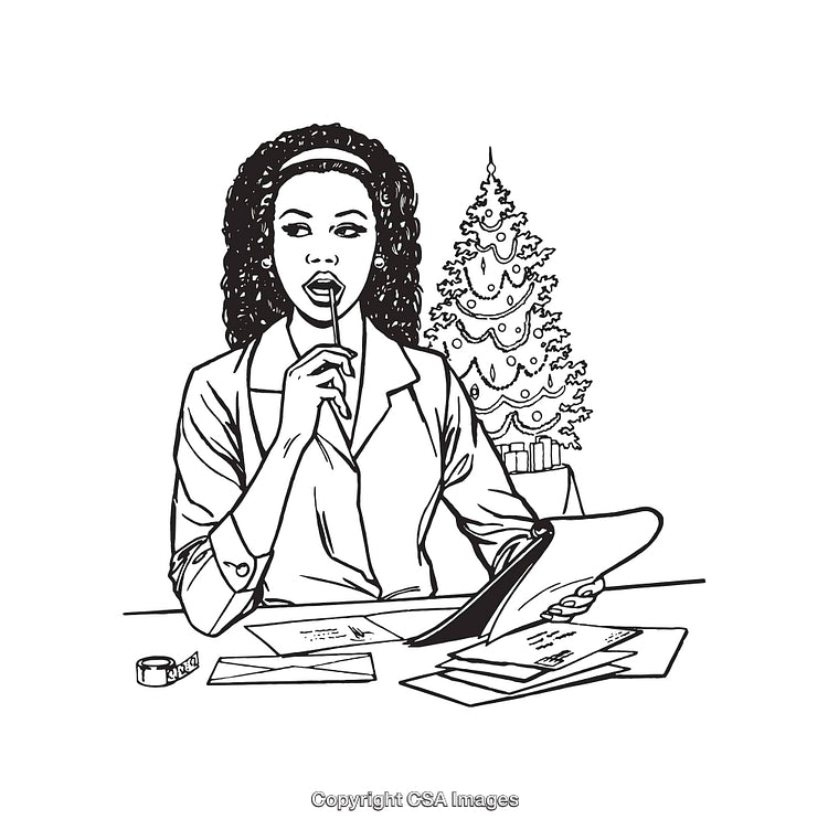 Woman Writing Holiday Letters Next to Christmas Decorations Illustration
