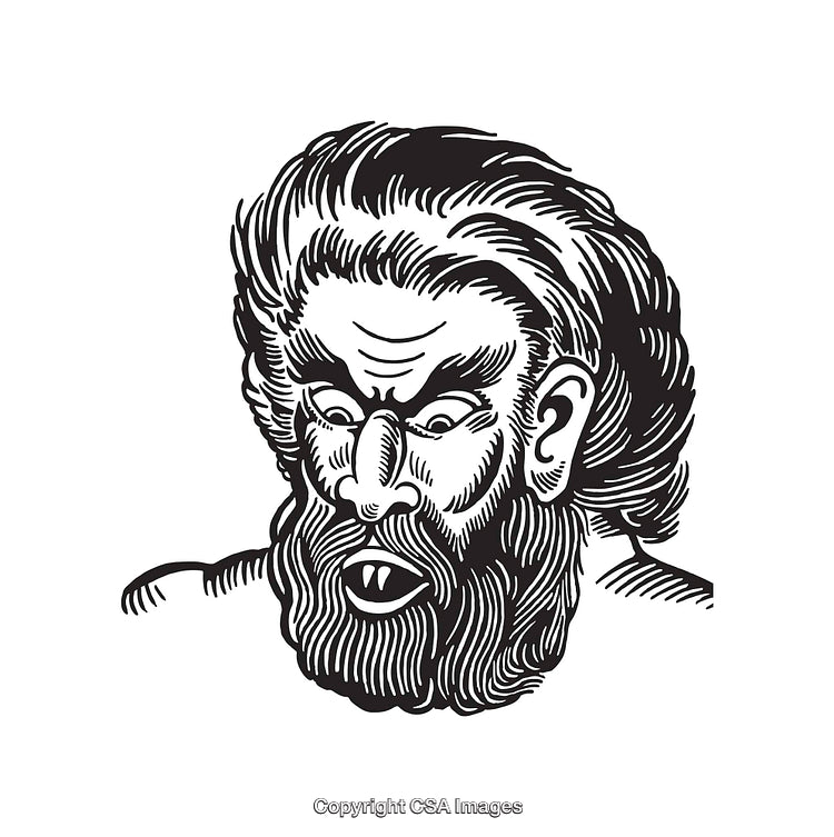 Vintage Black and White Illustration of Mythical Beast with Intense Expression
