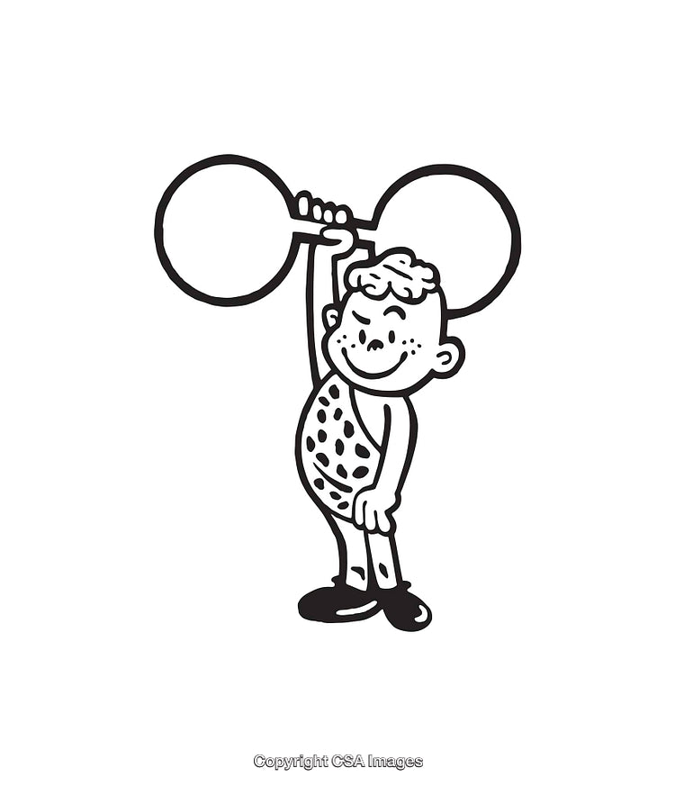 Cartoon Caveman Lifting Weights in Black and White Line Art Style