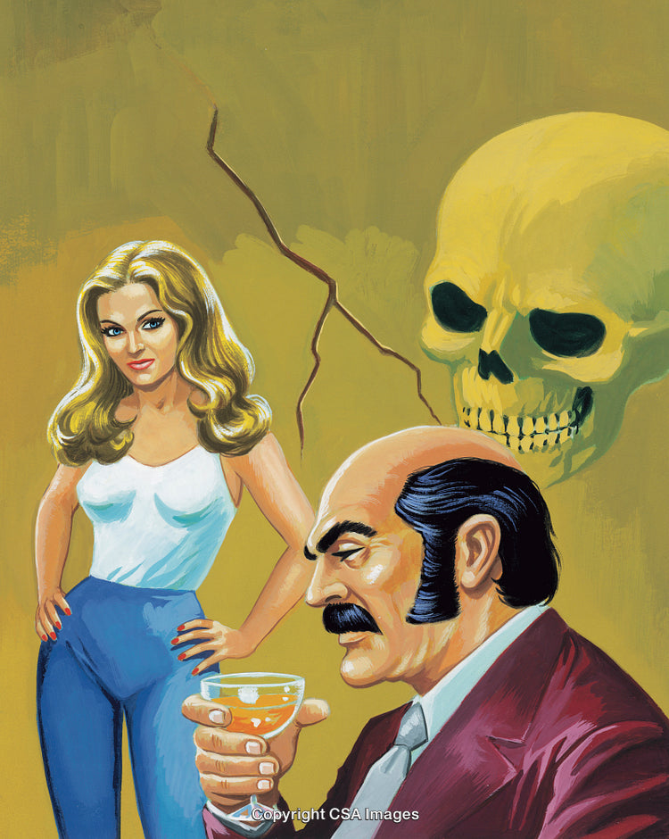 Stylized Artwork Depicting Mysterious Figures and a Skull