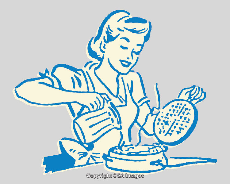 Retro Style Illustration of a Woman Cooking Waffles in a Kitchen