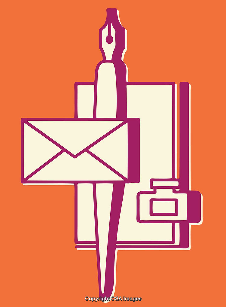 Colorful Line Art Illustration of Stationery and Writing Tools on an Orange Background