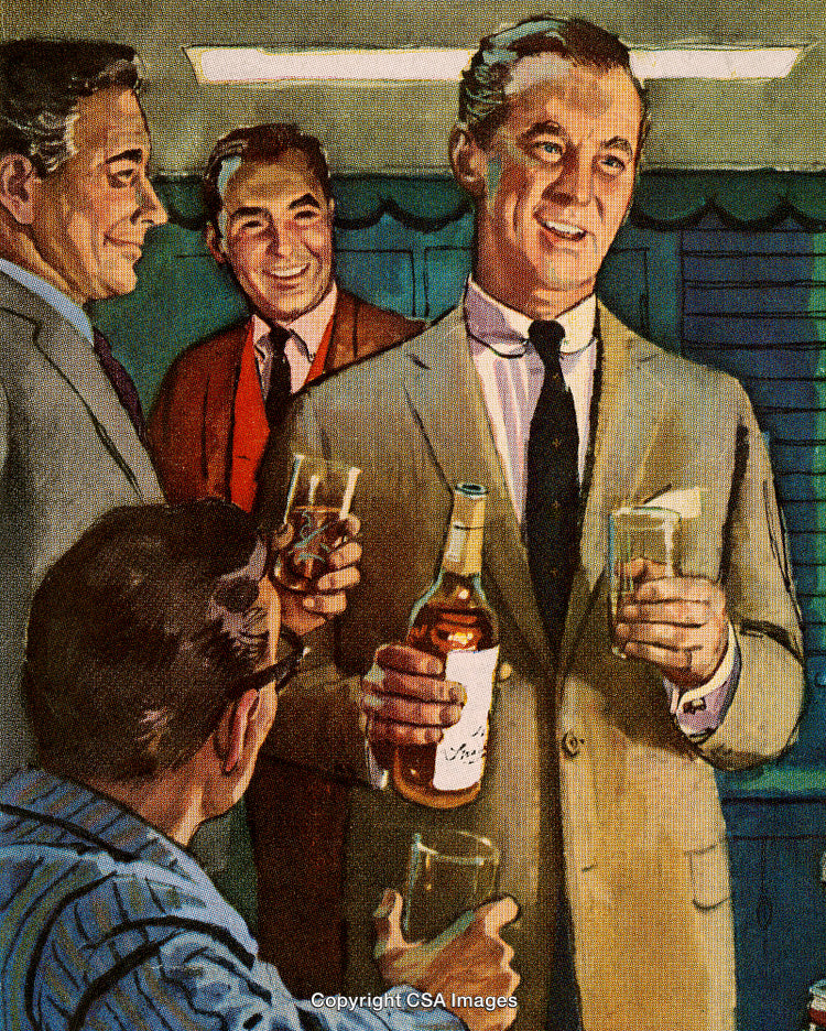 Gentlemen Socializing With Drinks in a Retro Setting