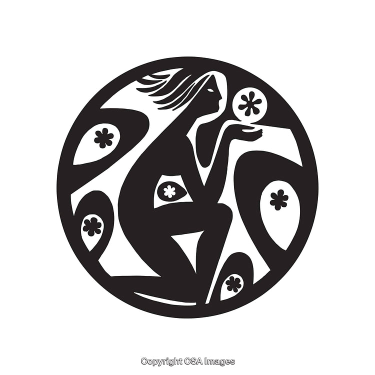 Stylized Black and White Art of a Woman With Botanical Motifs