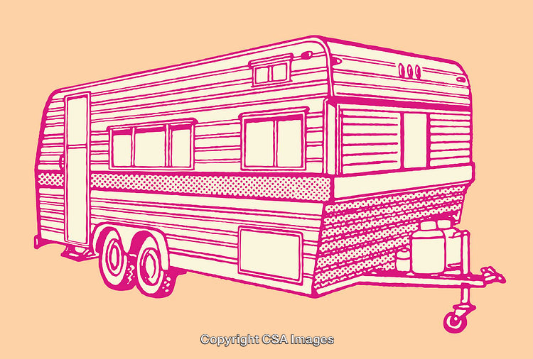 Colorful Line Art Illustration of a Vintage Trailer on a Solid Background