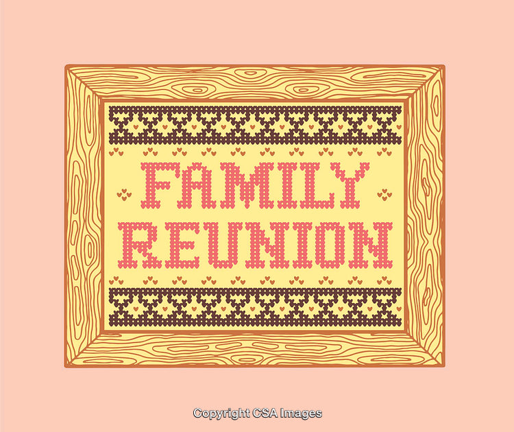 Framed Cross-Stitch Family Reunion Design on Pink Background