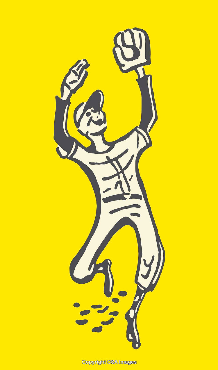 Illustrated Baseball Player Catching Ball in Dynamic Pose on Yellow Background