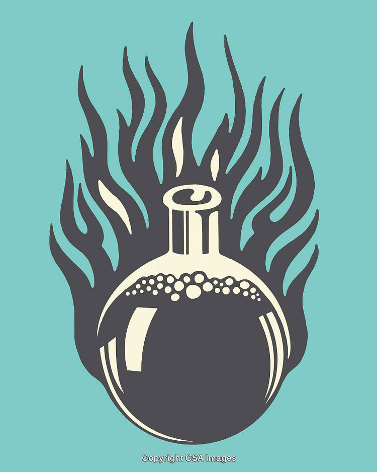Abstract Illustration of a Flask With Flames and Bubbles on a Blue Background