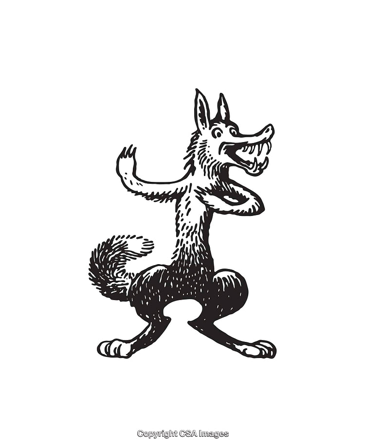 Black and White Line Art Illustration of a Dancing Cartoon Wolf